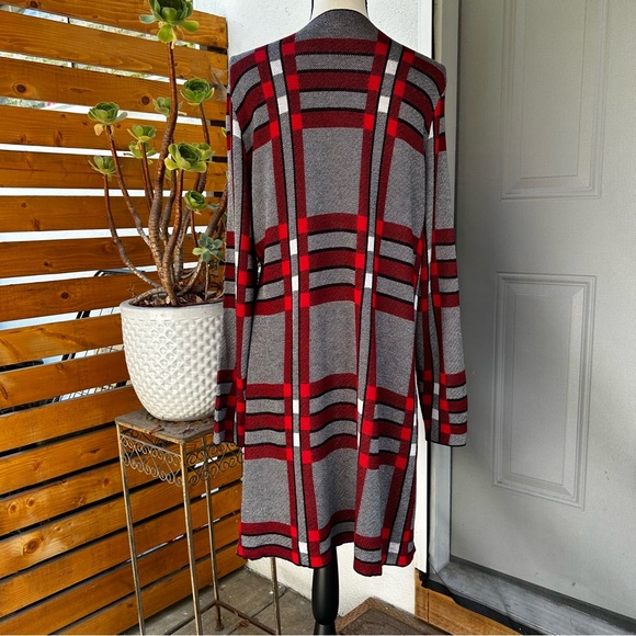 Joseph A. Longline Open Front Sweater Red Black Knit Windowpane Pockets Size 1X - Picture 3 of 13